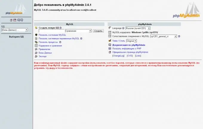 Riadok na vytvorenie databázy