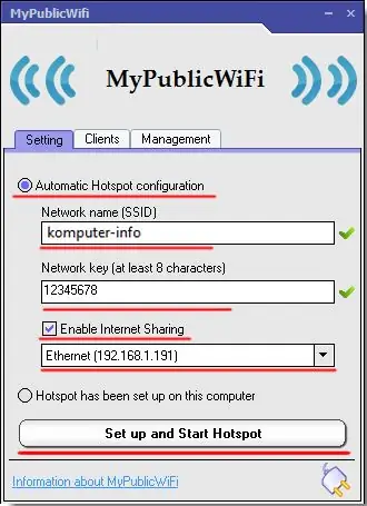 verspreiding van wi fi deur die Mypublicwifi-program